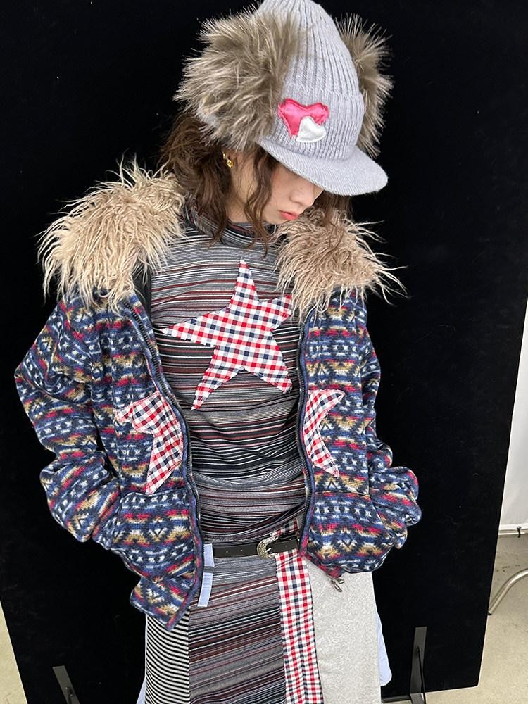 Ttsunami Vintage Plaid Double Layer Collar Double Zipper Women&