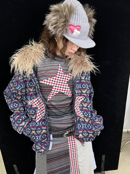 Ttsunami Vintage Plaid Double Layer Collar Double Zipper Women&