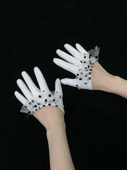 Ttsunami White Half Finger Spliced Black Polka Dot Leather Look Women&