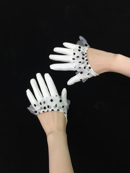 Ttsunami White Half Finger Spliced Black Polka Dot Leather Look Women&