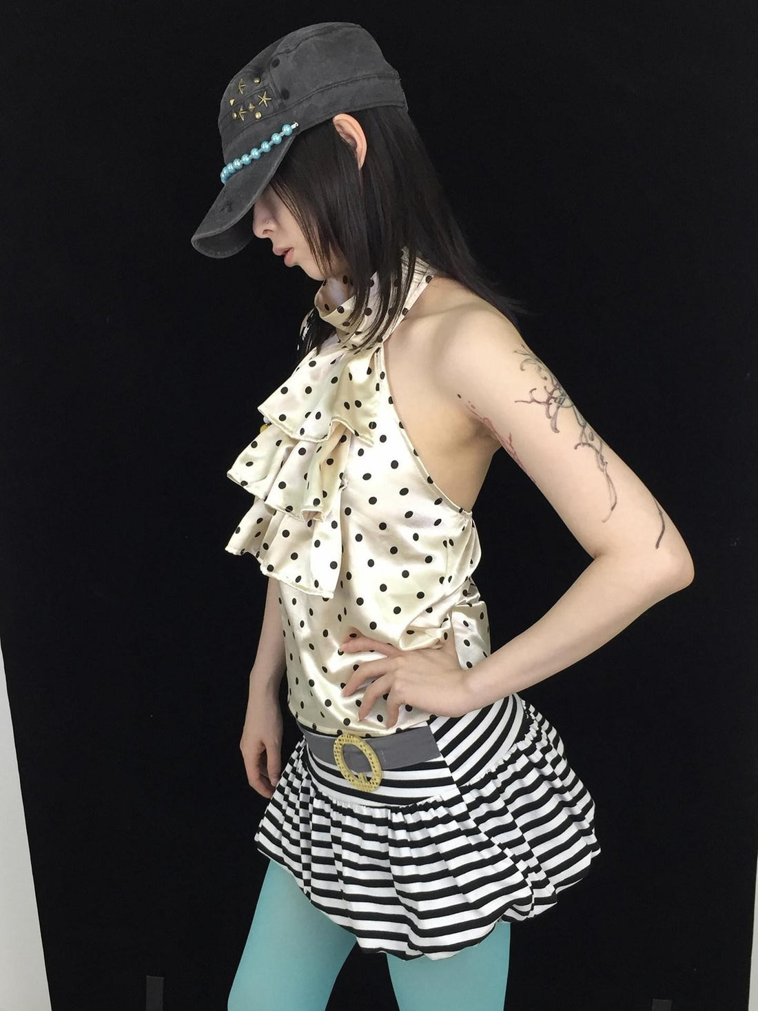 Ttsunami Yellow Black Polka Dot Ruffle Backless Women&