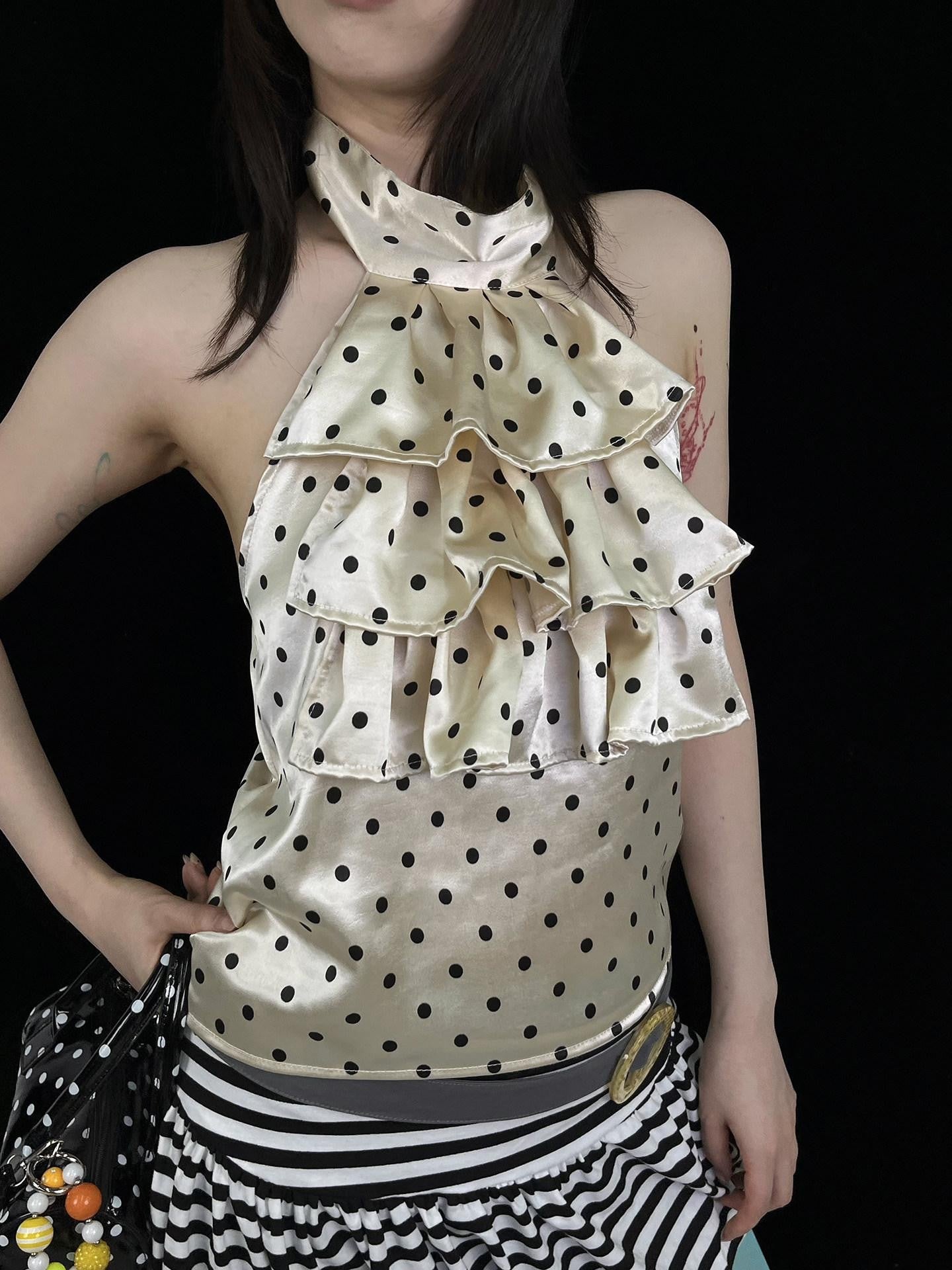 Ttsunami Yellow Black Polka Dot Ruffle Backless Women&