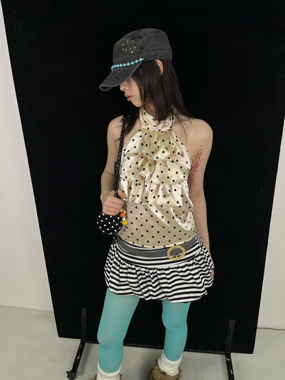 Ttsunami Yellow Black Polka Dot Ruffle Backless Women&