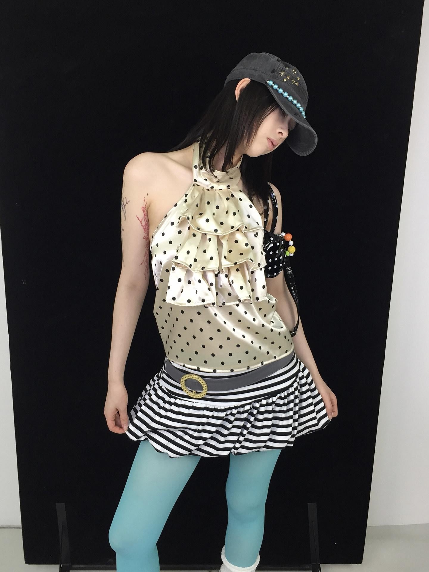 Ttsunami Yellow Black Polka Dot Ruffle Backless Women&