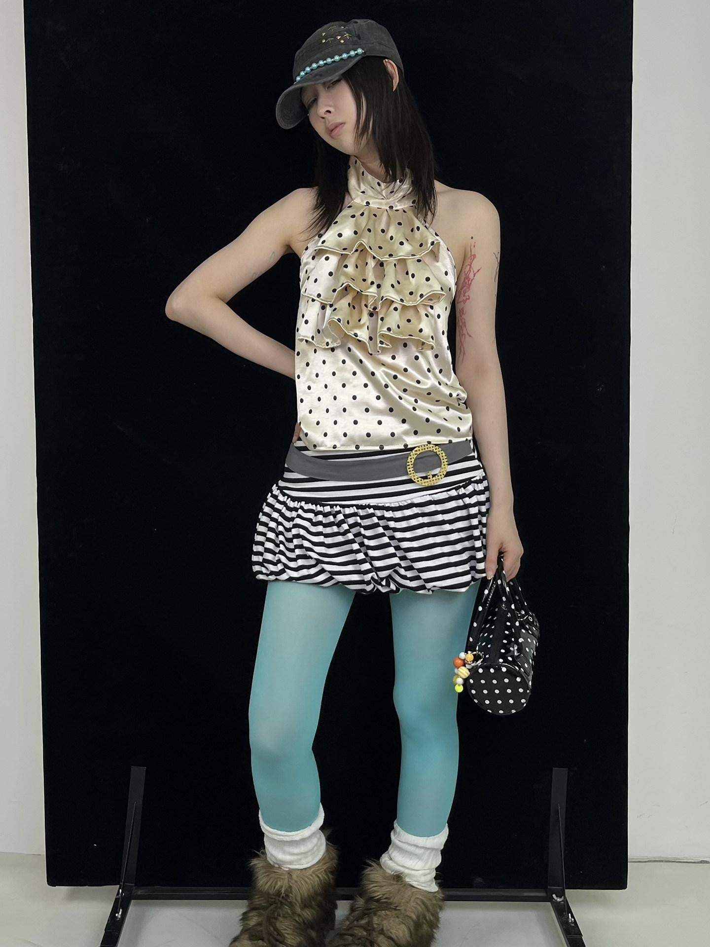Ttsunami Yellow Black Polka Dot Ruffle Backless Women&