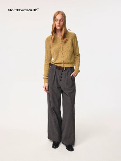 Tunnel Pleat Cotton Linen Textured Multi Button Relaxed Trousers