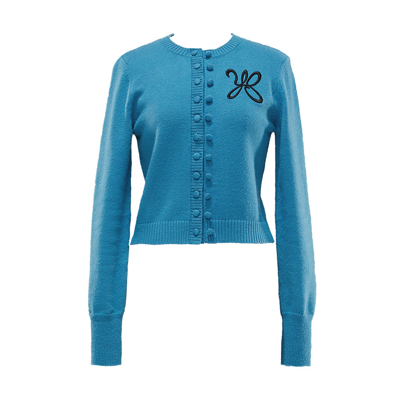 YOSHUYUKI  Island Blue Embroidered Double Breasted Knit Cardigan
