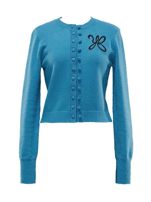 Island Blue Embroidered Double Breasted Knit Cardigan