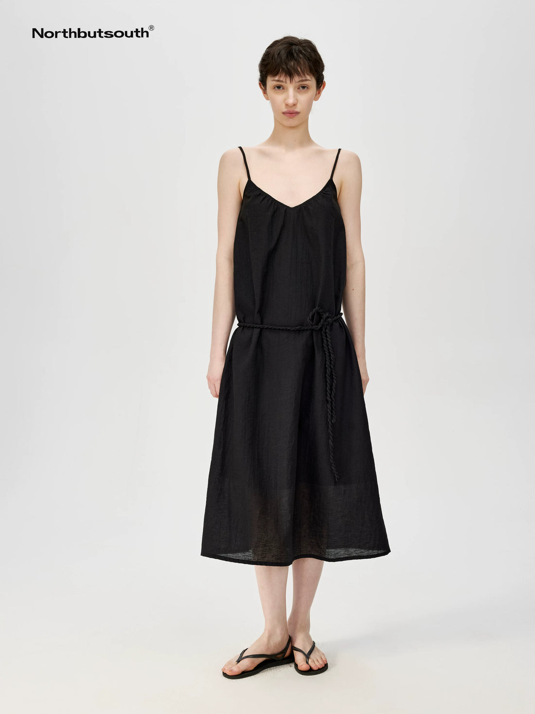 Twist Knot V-Neck Adjustable Strap Textured Midi Dress