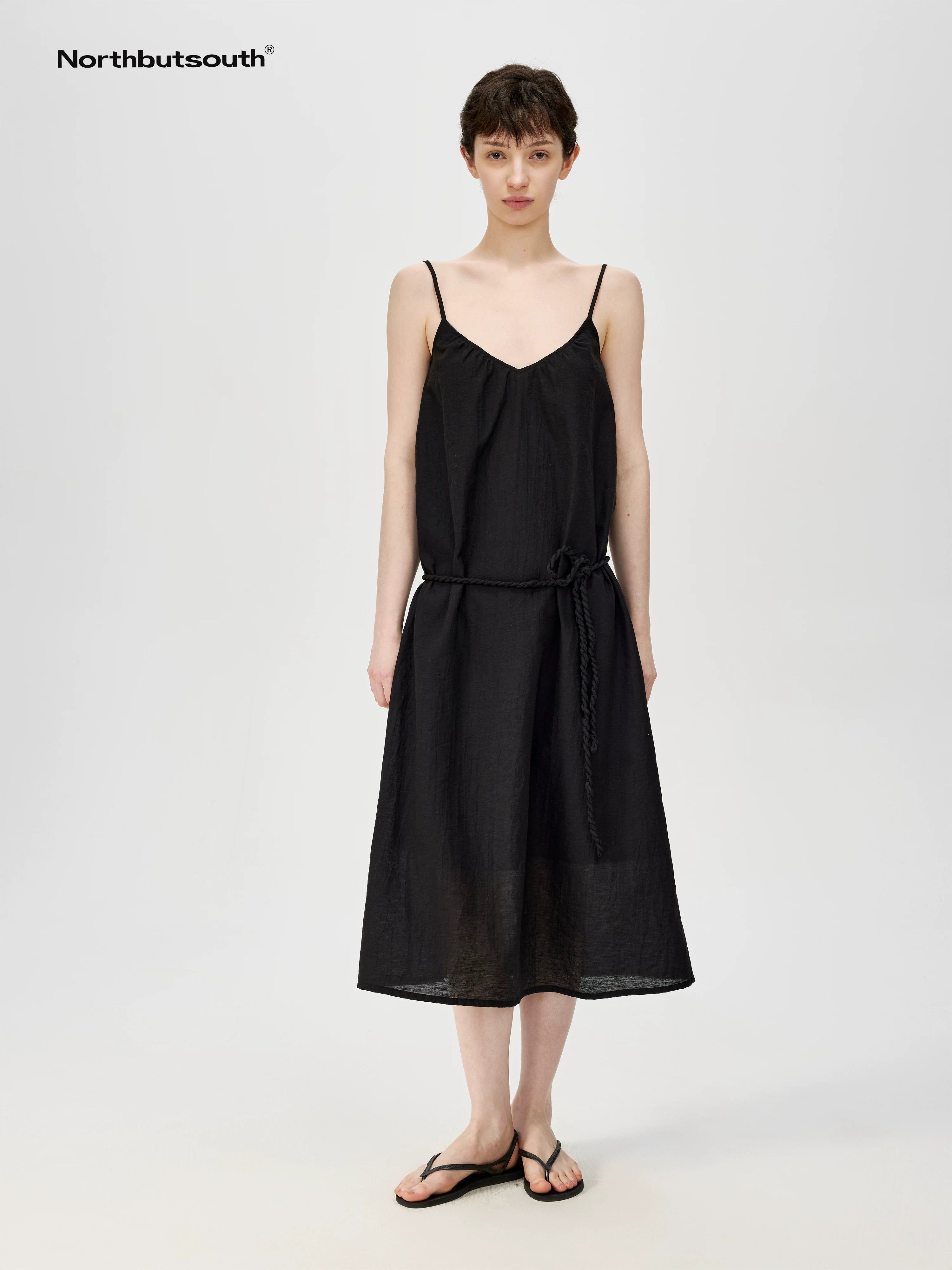 Twist Knot V-Neck Adjustable Strap Textured Midi Dress