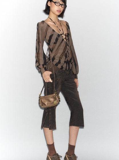 Flowers birds Market Two-Way Large Neckline Irregular Striped Mesh Shirt