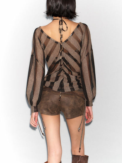 Flowers birds Market Two-Way Large Neckline Irregular Striped Mesh Shirt