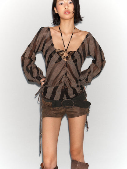 Flowers birds Market Two-Way Large Neckline Irregular Striped Mesh Shirt