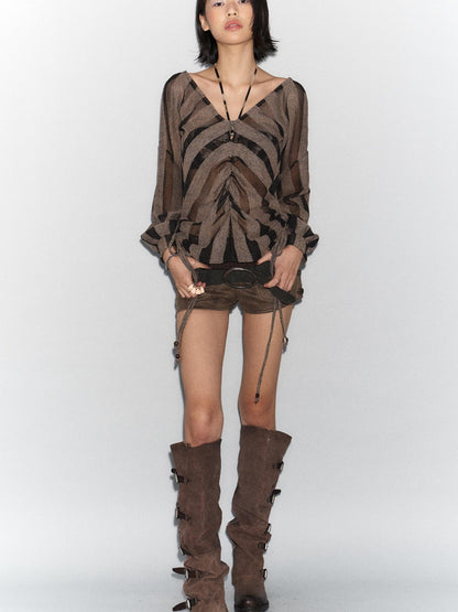 Flowers birds Market Two-Way Large Neckline Irregular Striped Mesh Shirt