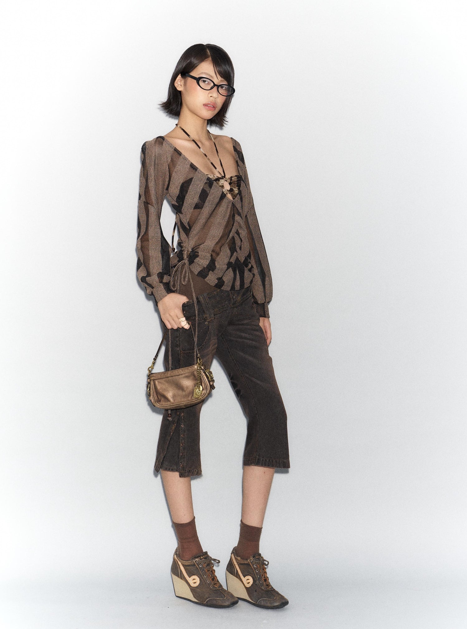 Flowers birds Market Two-Way Large Neckline Irregular Striped Mesh Shirt