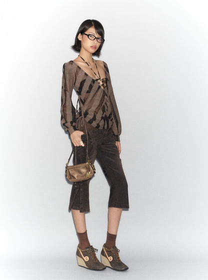 Flowers birds Market Two-Way Large Neckline Irregular Striped Mesh Shirt