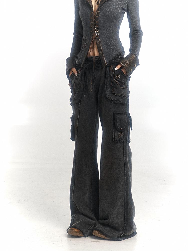 Flowers birds Market Two-Tone Retro Washed Loose Wide-Leg Sweatpants