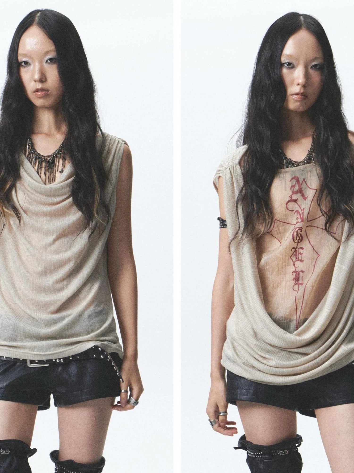 Two Sided Draped Print Knit Vest With Shoulder Pin