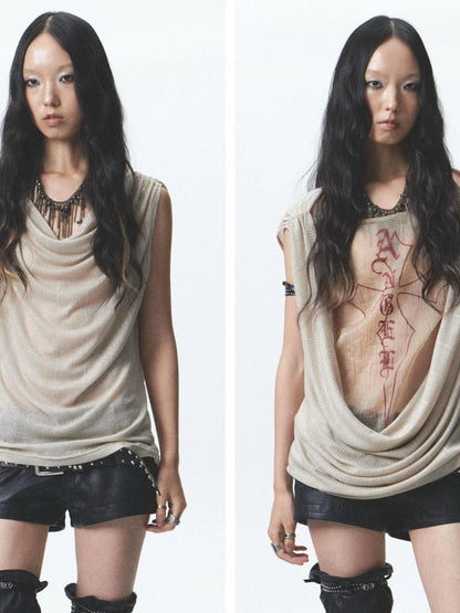 Two Sided Draped Print Knit Vest With Shoulder Pin