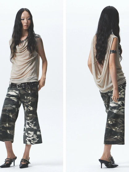 Two Sided Draped Print Knit Vest With Shoulder Pin