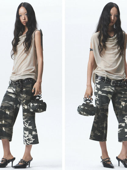 Two Sided Draped Print Knit Vest With Shoulder Pin