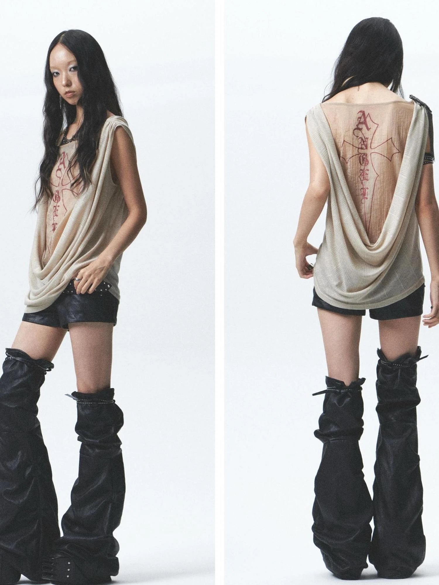 Two Sided Draped Print Knit Vest With Shoulder Pin