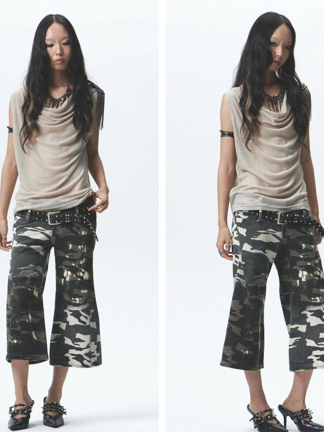 Two Sided Draped Print Knit Vest With Shoulder Pin