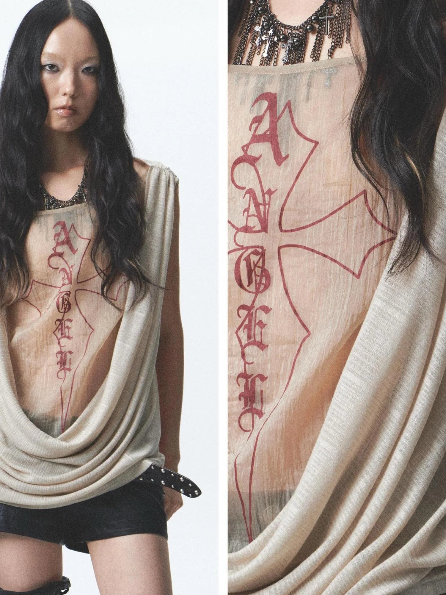 Two Sided Draped Print Knit Vest With Shoulder Pin