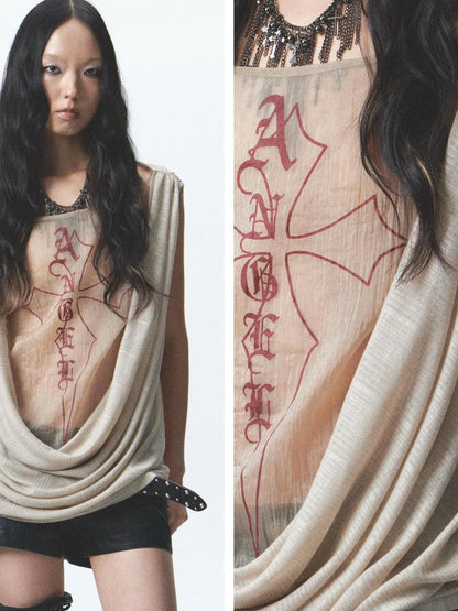 Two Sided Draped Print Knit Vest With Shoulder Pin