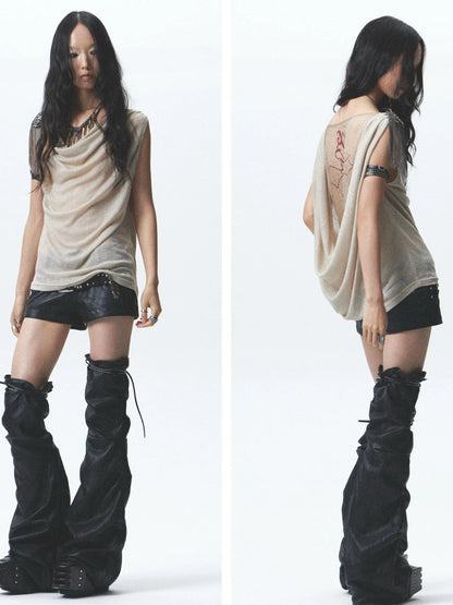Two Sided Draped Print Knit Vest With Shoulder Pin