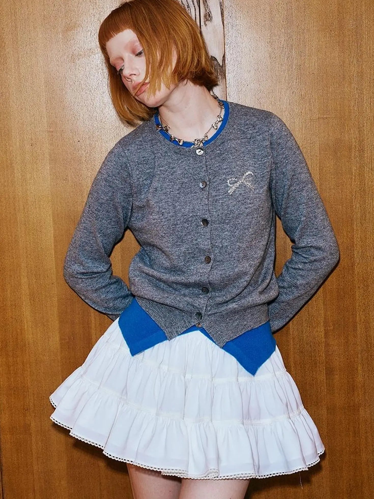 Two Tone Layered Bow Embroidered Cardigan