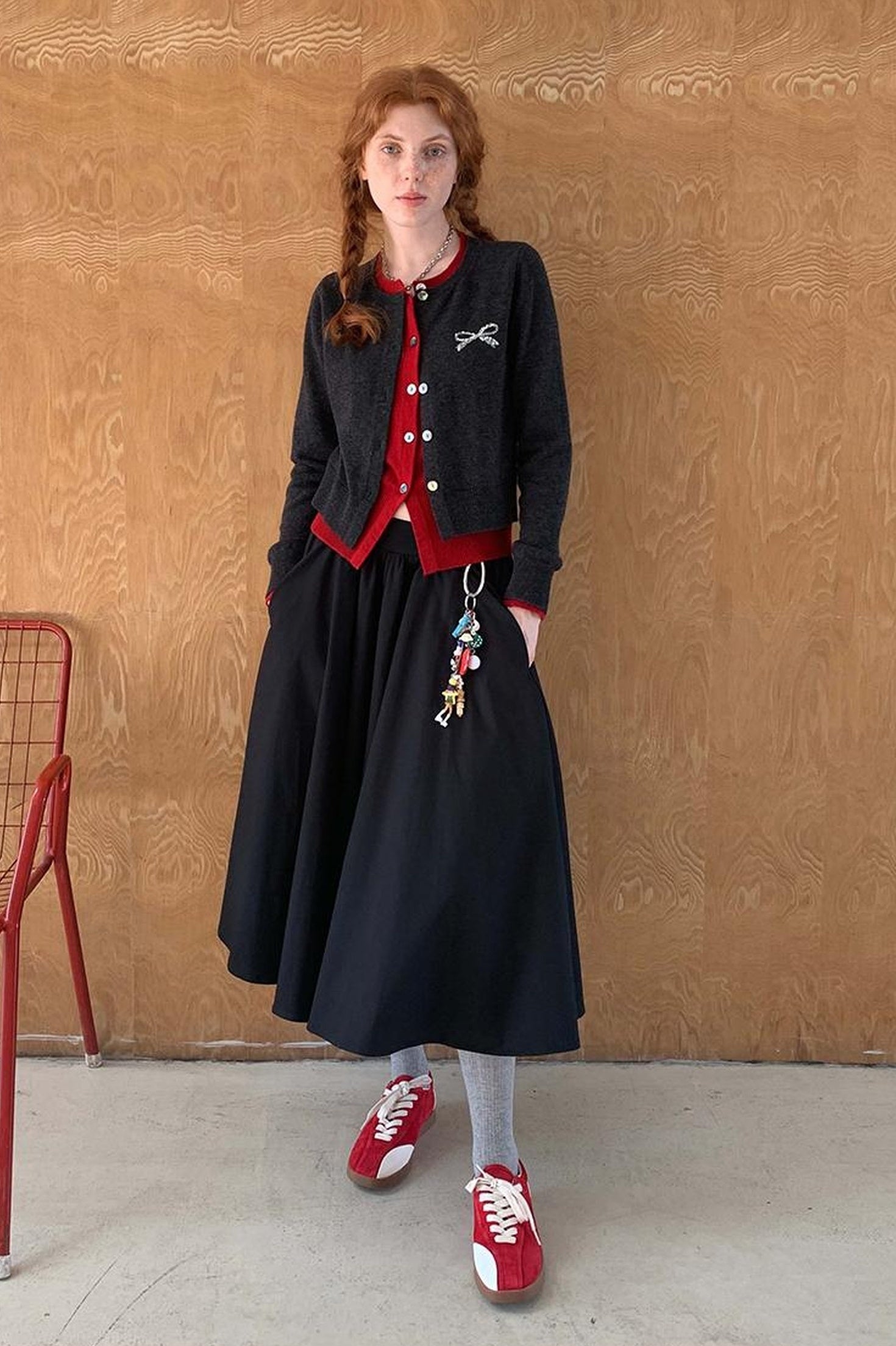 DIDDI MODA Two Tone Layered Bow Embroidered Cardigan