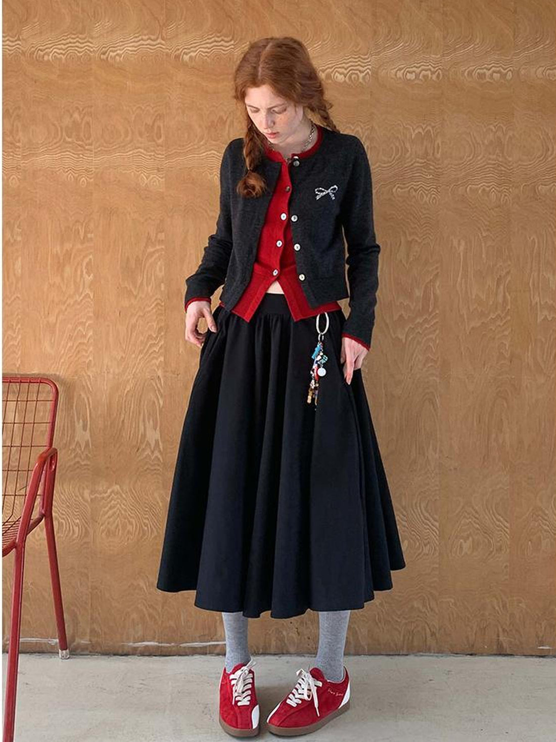 DIDDI MODA Two Tone Layered Bow Embroidered Cardigan