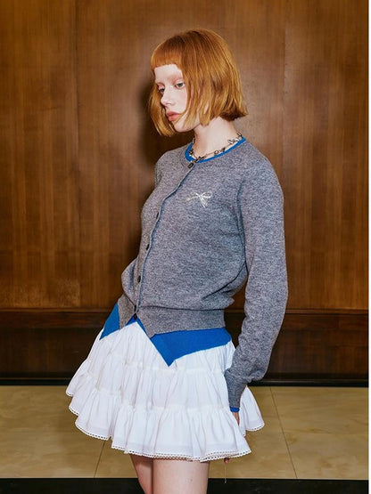 Two Tone Layered Bow Embroidered Cardigan