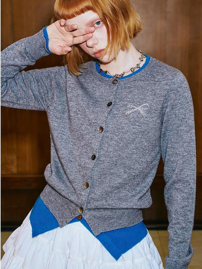 Two Tone Layered Bow Embroidered Cardigan