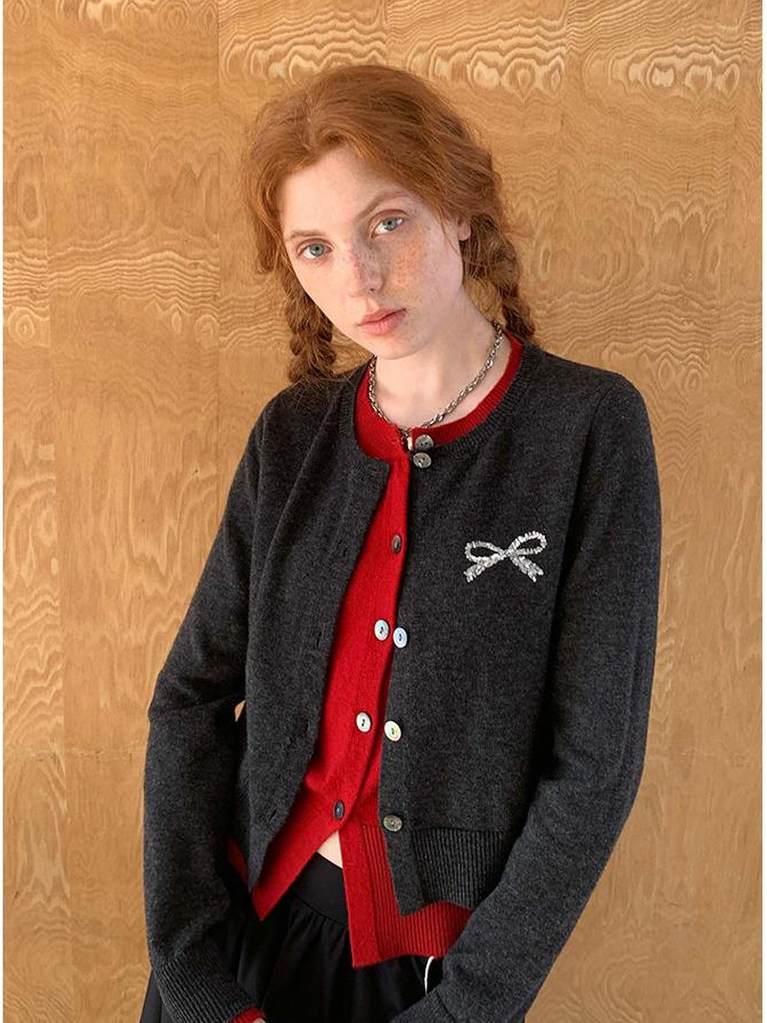 DIDDI MODA Two Tone Layered Bow Embroidered Cardigan