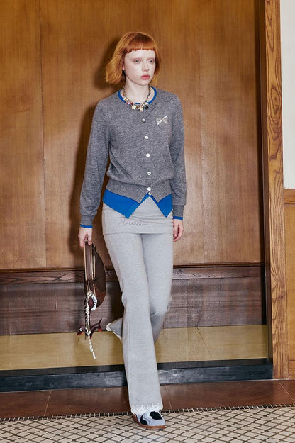 DIDDI MODA Two Tone Layered Bow Embroidered Cardigan