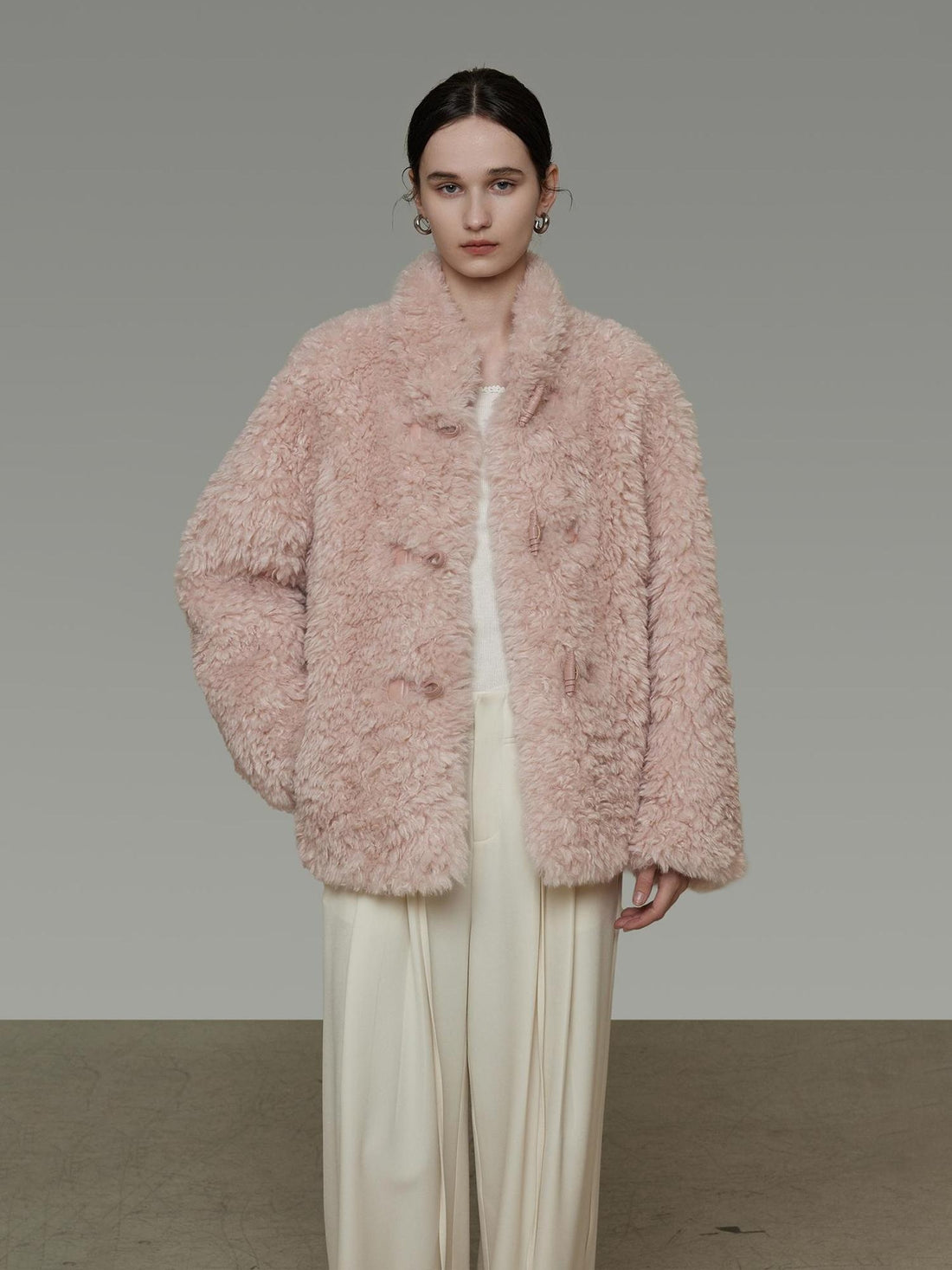 UNSPOKEN Cozy Warm Thick Loose Fit Stand Collar Fur Trim Round Hem Women Pink Jacket