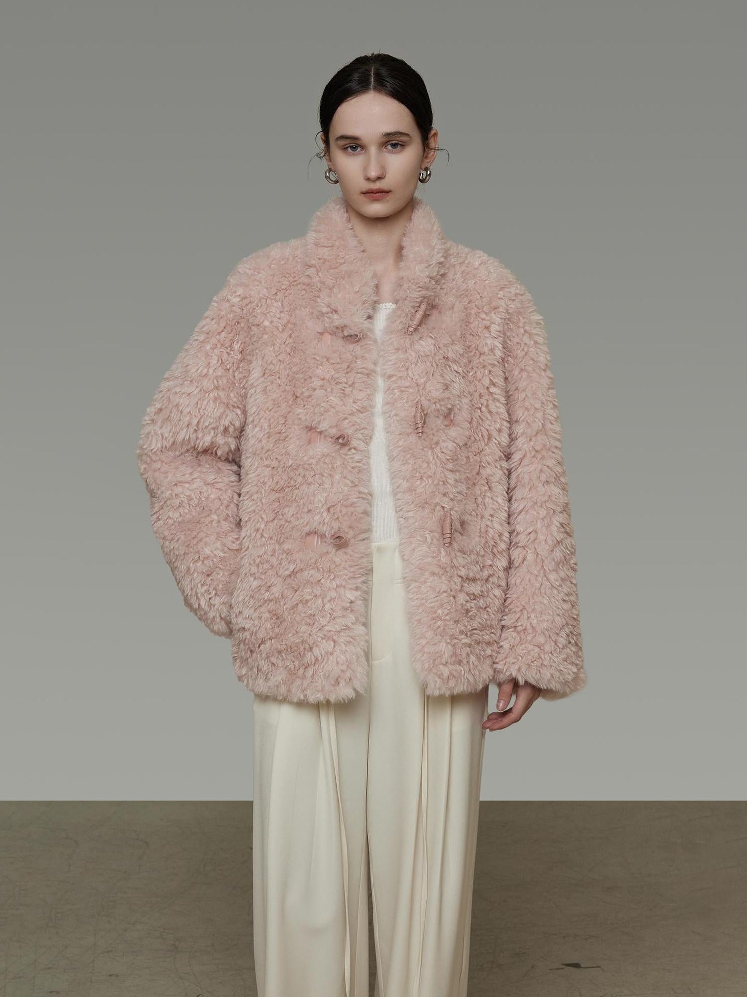 UNSPOKEN Cozy Warm Thick Loose Fit Stand Collar Fur Trim Round Hem Women Pink Jacket