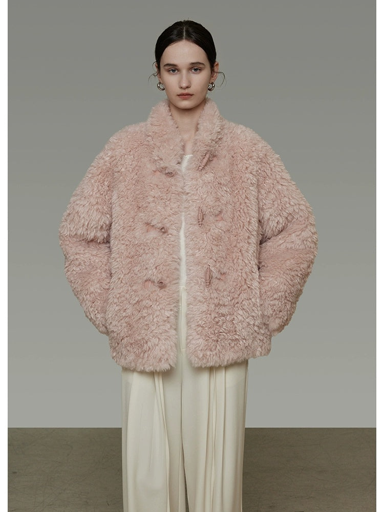 UNSPOKEN Cozy Warm Thick Loose Fit Stand Collar Fur Trim Round Hem Women Pink Jacket