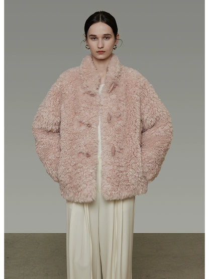 UNSPOKEN Cozy Warm Thick Loose Fit Stand Collar Fur Trim Round Hem Women Pink Jacket