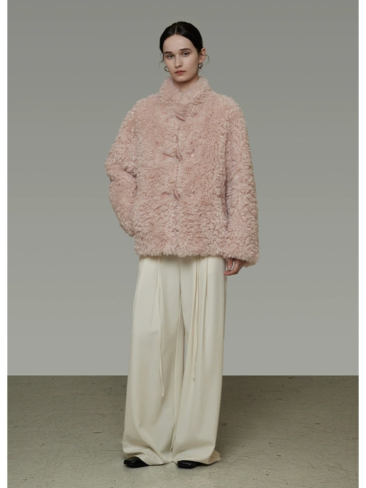 UNSPOKEN Cozy Warm Thick Loose Fit Stand Collar Fur Trim Round Hem Women Pink Jacket