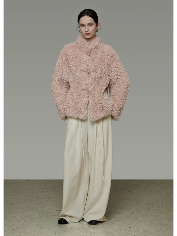 UNSPOKEN Cozy Warm Thick Loose Fit Stand Collar Fur Trim Round Hem Women Pink Jacket