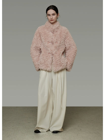 UNSPOKEN Cozy Warm Thick Loose Fit Stand Collar Fur Trim Round Hem Women Pink Jacket