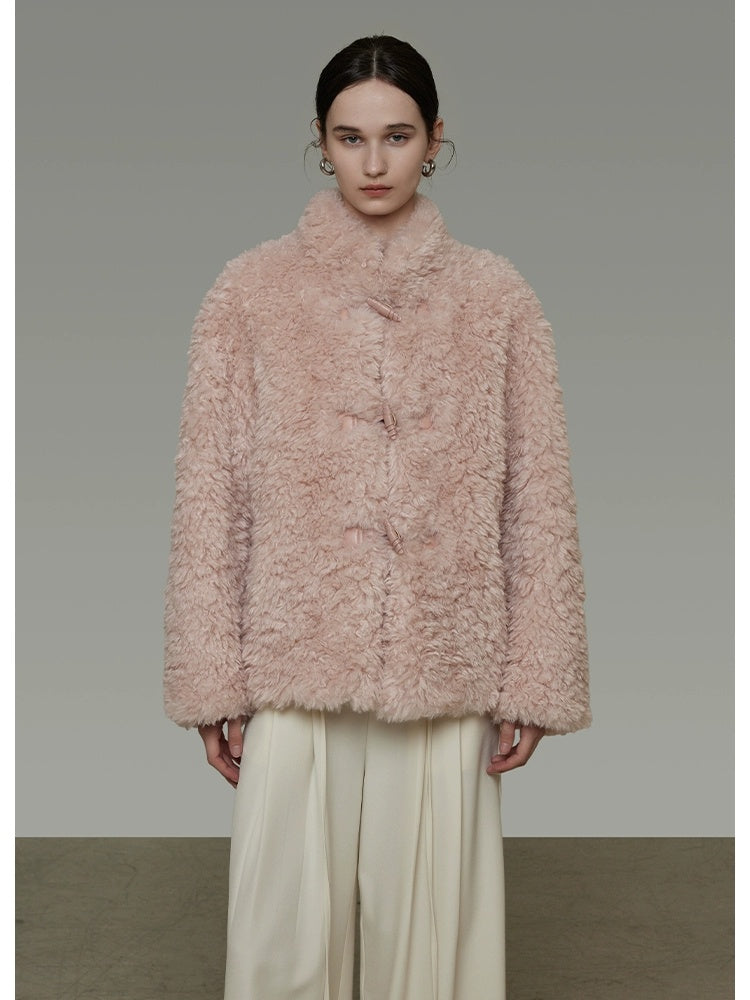 UNSPOKEN Cozy Warm Thick Loose Fit Stand Collar Fur Trim Round Hem Women Pink Jacket