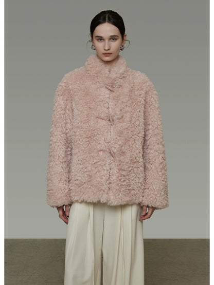 UNSPOKEN Cozy Warm Thick Loose Fit Stand Collar Fur Trim Round Hem Women Pink Jacket