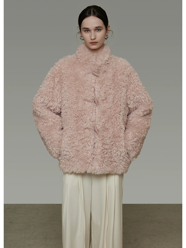 UNSPOKEN Cozy Warm Thick Loose Fit Stand Collar Fur Trim Round Hem Women Pink Jacket