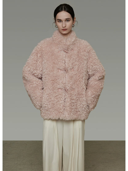 UNSPOKEN Cozy Warm Thick Loose Fit Stand Collar Fur Trim Round Hem Women Pink Jacket