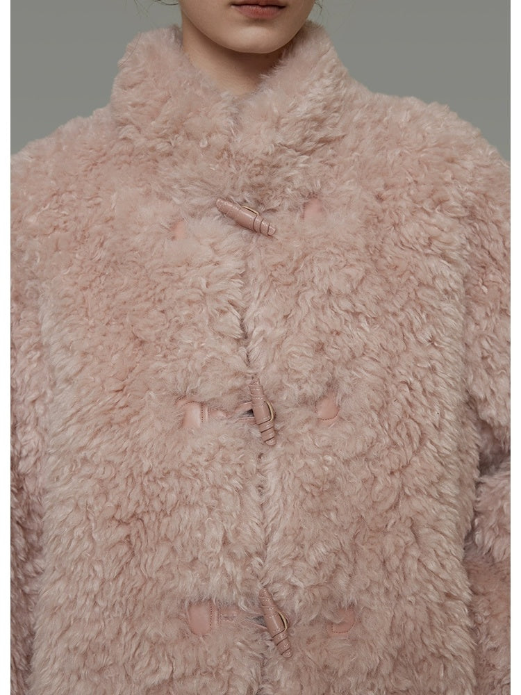 UNSPOKEN Cozy Warm Thick Loose Fit Stand Collar Fur Trim Round Hem Women Pink Jacket