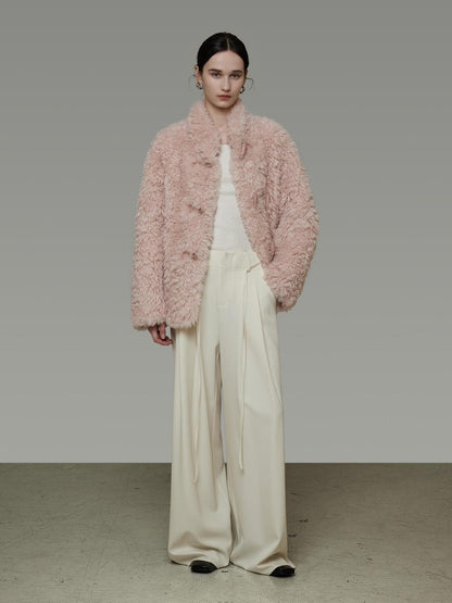 UNSPOKEN Cozy Warm Thick Loose Fit Stand Collar Fur Trim Round Hem Women Pink Jacket